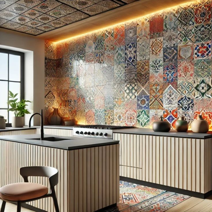 the kitchen is decorated with colorful tiles on the wall and ceiling, along with an island