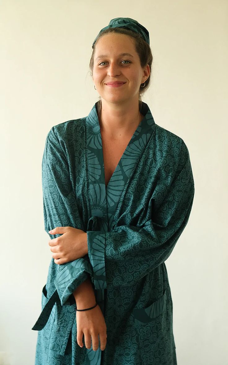 Cotton Kimono Robe | Emerald – balizen Green Long Sleeve Kimono For Home, Teal Prints, Functional Clothing, Bali Fashion, Cotton Kimono, Kimono Style, Made Clothing, Kimono Fashion, Resort Wear