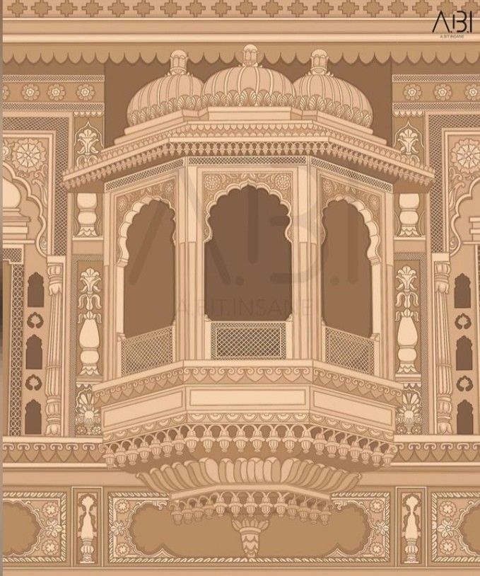 an ornate balcony with pillars and arches in beige tones, on a brown background illustration