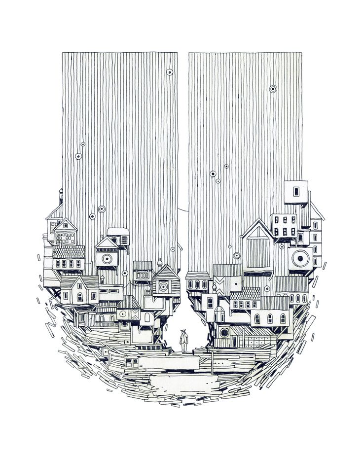 a drawing of a city with lots of buildings on the water and two tall towers