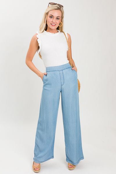 Palazzo Tencel Pants, Light Blue :: NEW ARRIVALS :: The Blue Door Boutique Light Blue Pants Work Outfit Women, Versatile Rayon Wide Leg Pants For Spring, Light Blue Wide Leg Pants Outfit, Spring Wide Leg Tencel Pants, Spring Rayon Wide Leg Pants With Relaxed Fit, Spring Wide Leg Rayon Pants With Relaxed Fit, Spring Rayon Wide Leg Pants For Day Out, Solid Rayon Bottoms For Spring, Spring Day Out Wide Leg Rayon Pants