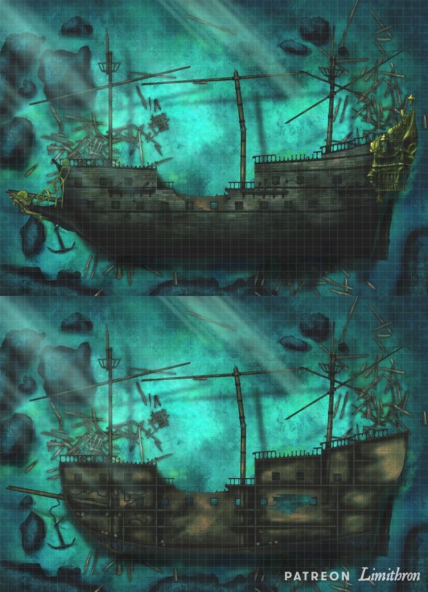 two ships floating in the ocean on top of blue and green water with fish around them