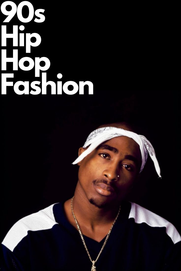 a man wearing a white bandana and black shirt with the words 90's hip hop fashion on it