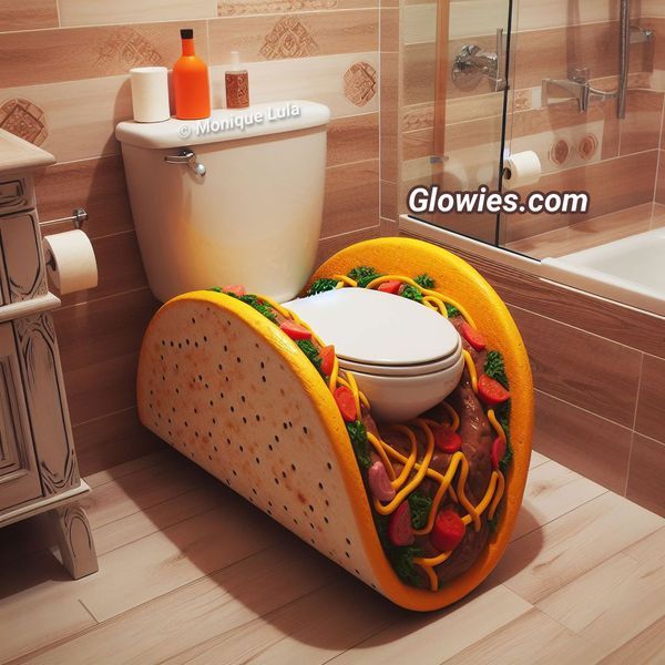 a bathroom with a sink, toilet and bathtub that is shaped like a taco