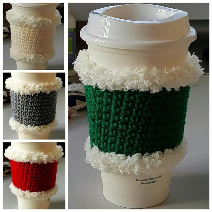 the coffee cup is decorated with different colored yarns and crocheted cups covers