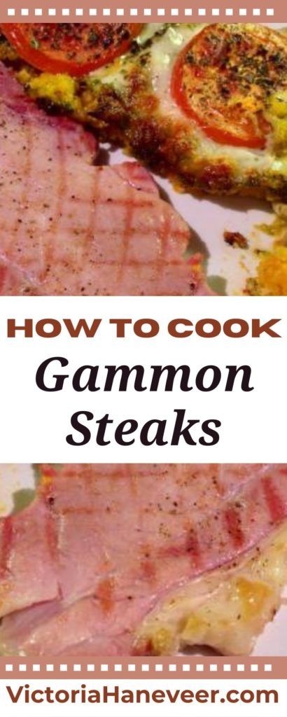 the words how to cook gammon steaks are in front of an image of bacon and eggs