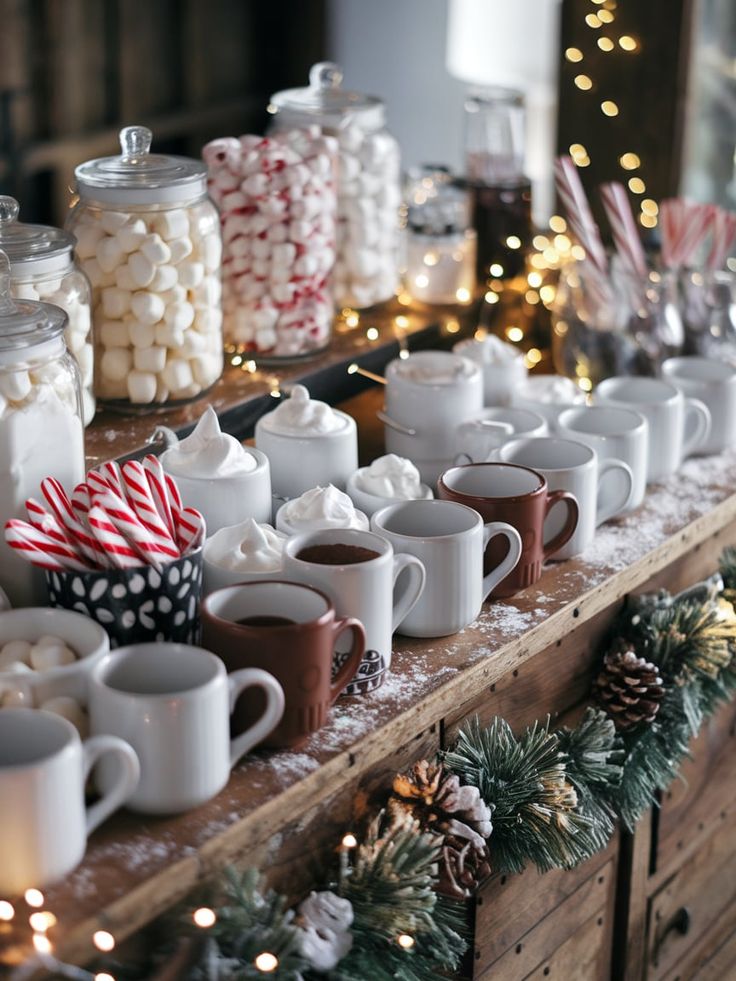 a table topped with lots of cups filled with hot chocolate and marshmallows