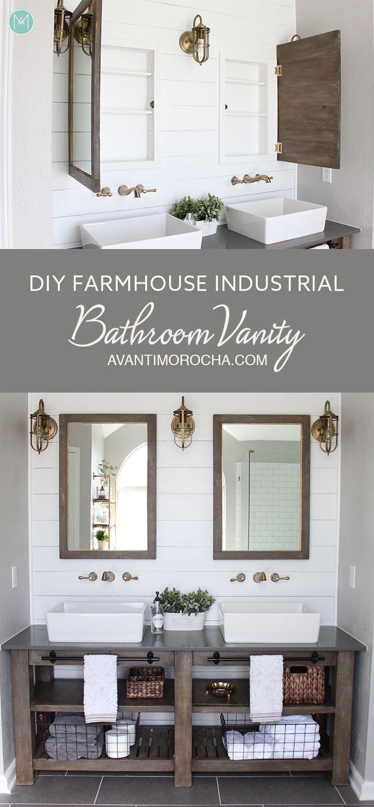 a bathroom vanity with two sinks and mirrors