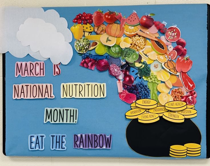 a bulletin board with words and pictures about the national nutrition month, eat the rainbow