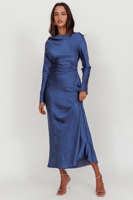 Shop the Loveland Cowl Back Midi Dress Navy | Selfie Leslie Knee-length Bias Cut Dress For Date Night, Bias Cut Knee-length Dress For Date Night, Midi Length Fitted Satin Dress, Long Sleeve Midi Dress For Evening Wedding, Long Sleeve Evening Midi Dress For Wedding, Satin Midi Dress With Fitted Bodice For Date Night, Knee-length Bias Cut Midi Dress For Party, Bias Cut Long Dress For Date Night, Fitted Long Sleeve Bias Cut Midi Dress