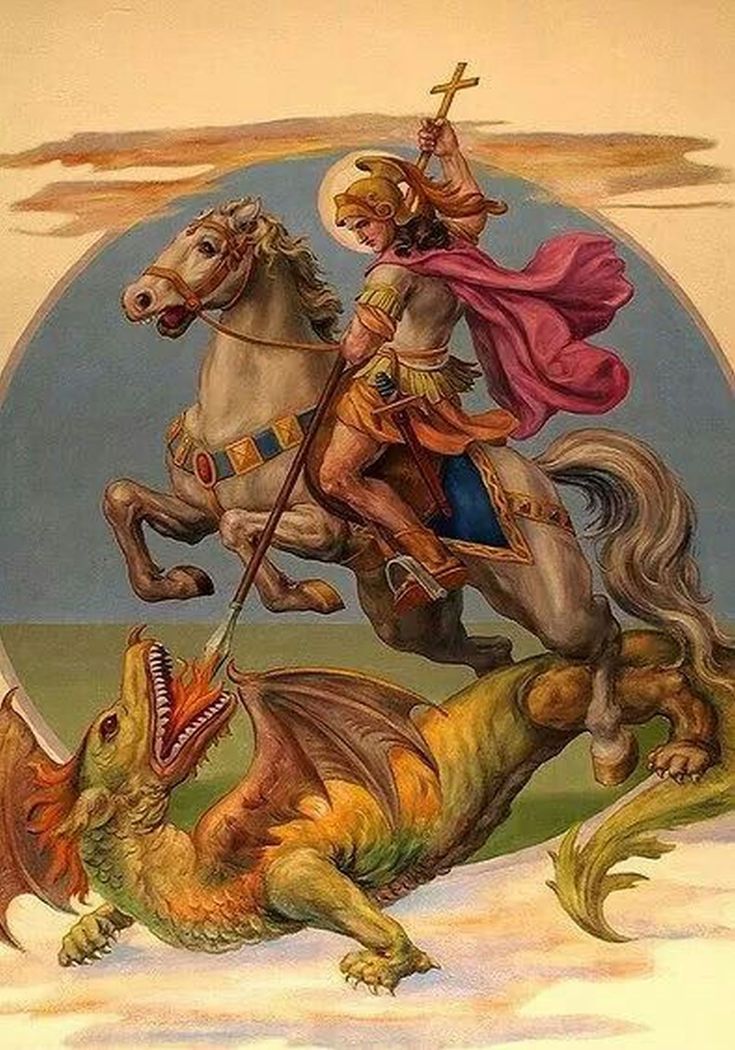 a painting of a man riding on the back of a horse next to a dragon