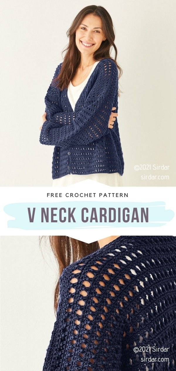 a woman wearing a blue crochet cardigan with the words free crochet pattern