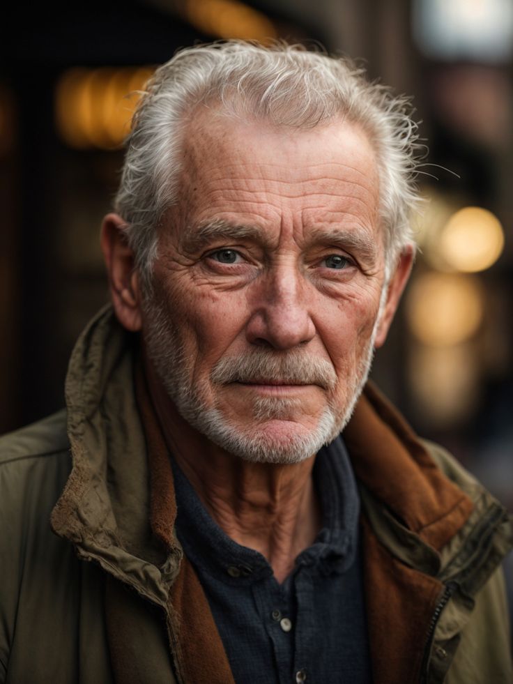 an older man with white hair and beard wearing a green jacket looking at the camera