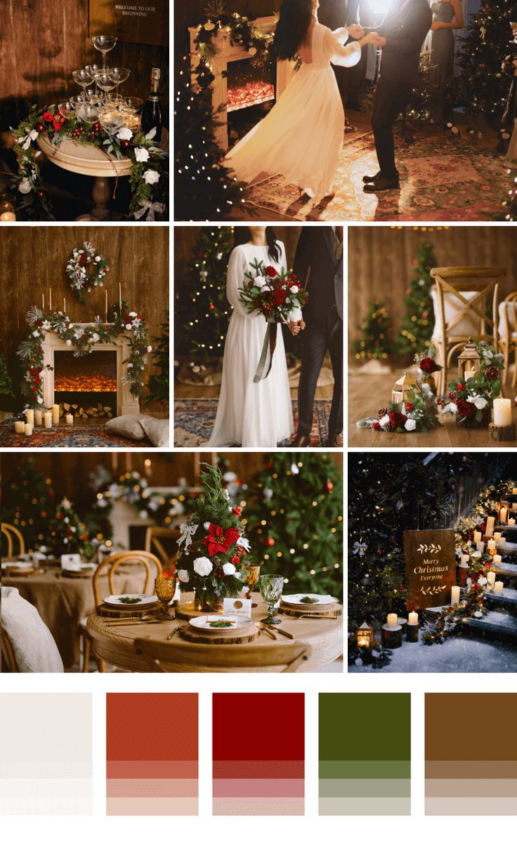 a couple standing next to each other in front of a christmas tree and decorated table