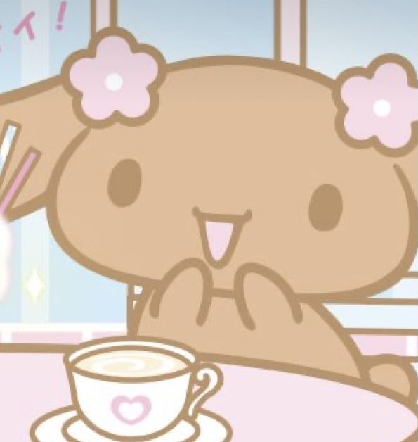 a cartoon character sitting at a table with a cup of coffee