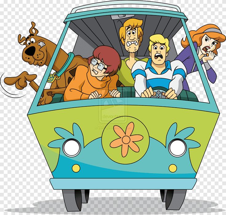 cartoon characters riding in the back of a green and blue bus with dogs on it