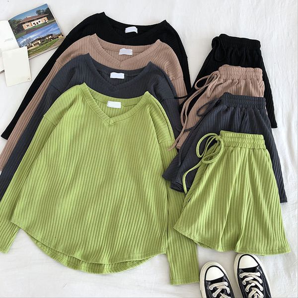 Autumn Knitted 2 Pcs Women Set V Neck Long Sleeve Loose Knit Top High Waist Shorts Two Piece Sets Female 2020 Fashion Solid Suit Tops SIZE CHART Size Shoulder (cm) Bust (cm) Waist (cm) Length (cm) Sleeve Length(cm) One Size 50 104 - 58 40 NOTE: Please compare the detail sizes with yours before you buy!!!(2.54cm = 1inch) All are measured by hand, so please allow2-3 cm mistake. ShortsSIZE CHART Size - - Waist (cm) Length (cm) - One Size - - 60 36 - NOTE: Please compar Baseball Jacket Outfit, Loose Knit Top, Pijamas Women, Comfortable Loungewear, Wide Leg Shorts, Loose Knit, Long Sleeve Knit Tops, Fashion Design Clothes, Harajuku Fashion