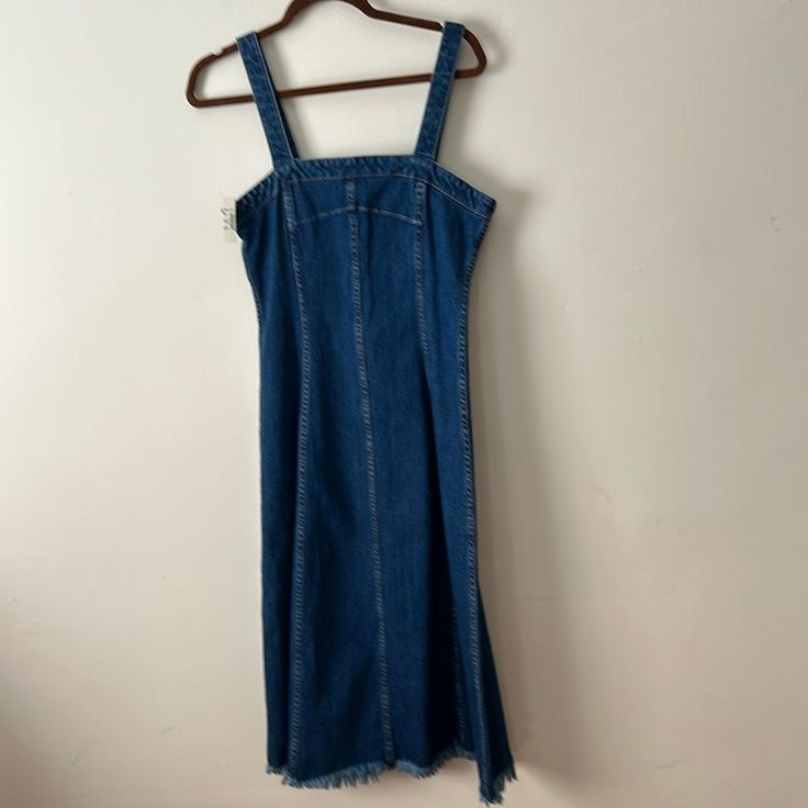 In Trend Denim Sleeveless Dress Can Wear It With A Blazer Or With Denim Jacket Perfect For Vacation New With Tags Fitted Sleeveless Denim Dress With Frayed Hem, Sleeveless Dark Wash Denim Dress With Frayed Hem, Sleeveless Cotton Denim Dress With Frayed Hem, Dark Wash Sleeveless Fitted Midi Dress, Casual Sleeveless Dark Wash Midi Dress, Dark Wash Fitted Sleeveless Midi Dress, Fitted Sleeveless Dark Wash Midi Dress, Casual Sleeveless Denim Blue Midi Dress, Casual Sleeveless Denim Dress With Frayed Hem