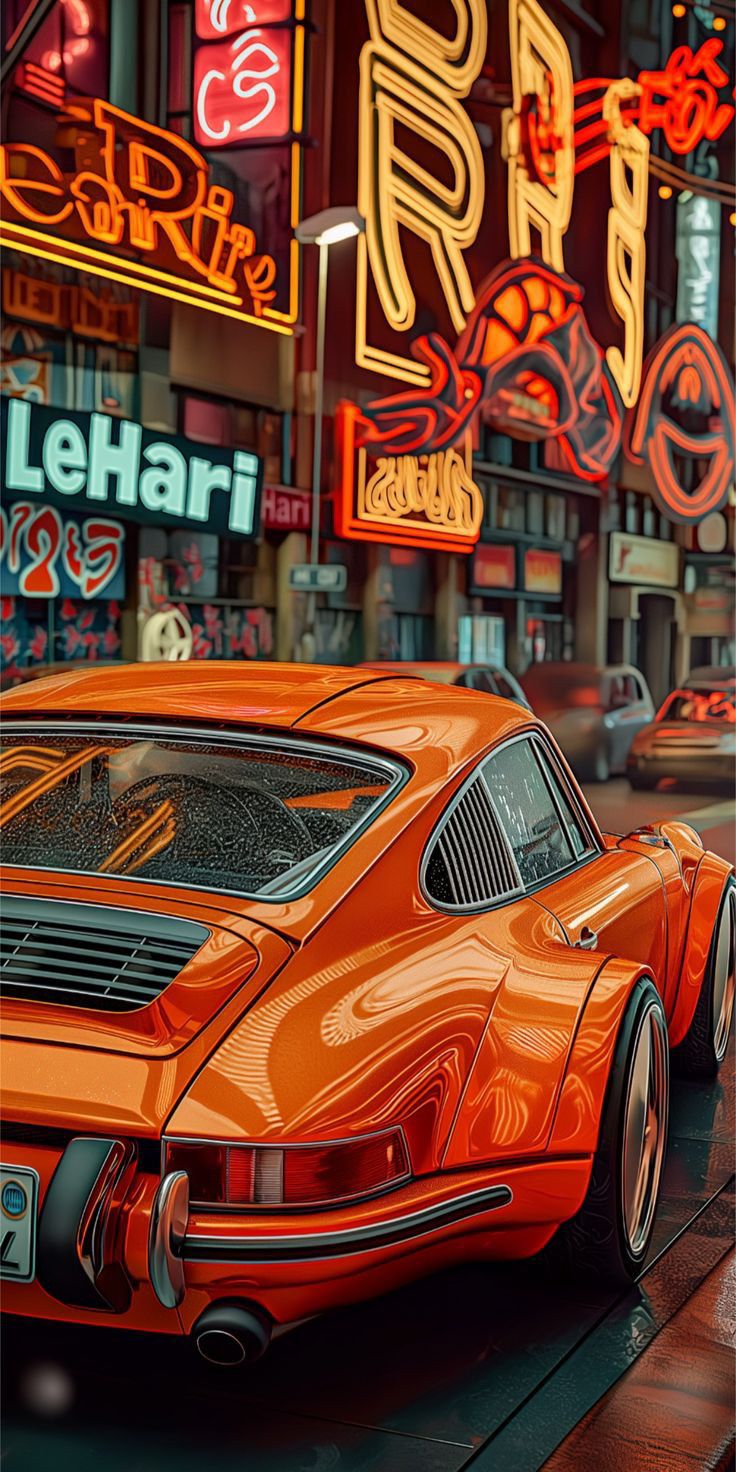 an orange sports car is parked in front of neon signs