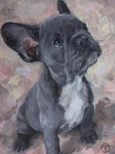 a painting of a black and white puppy