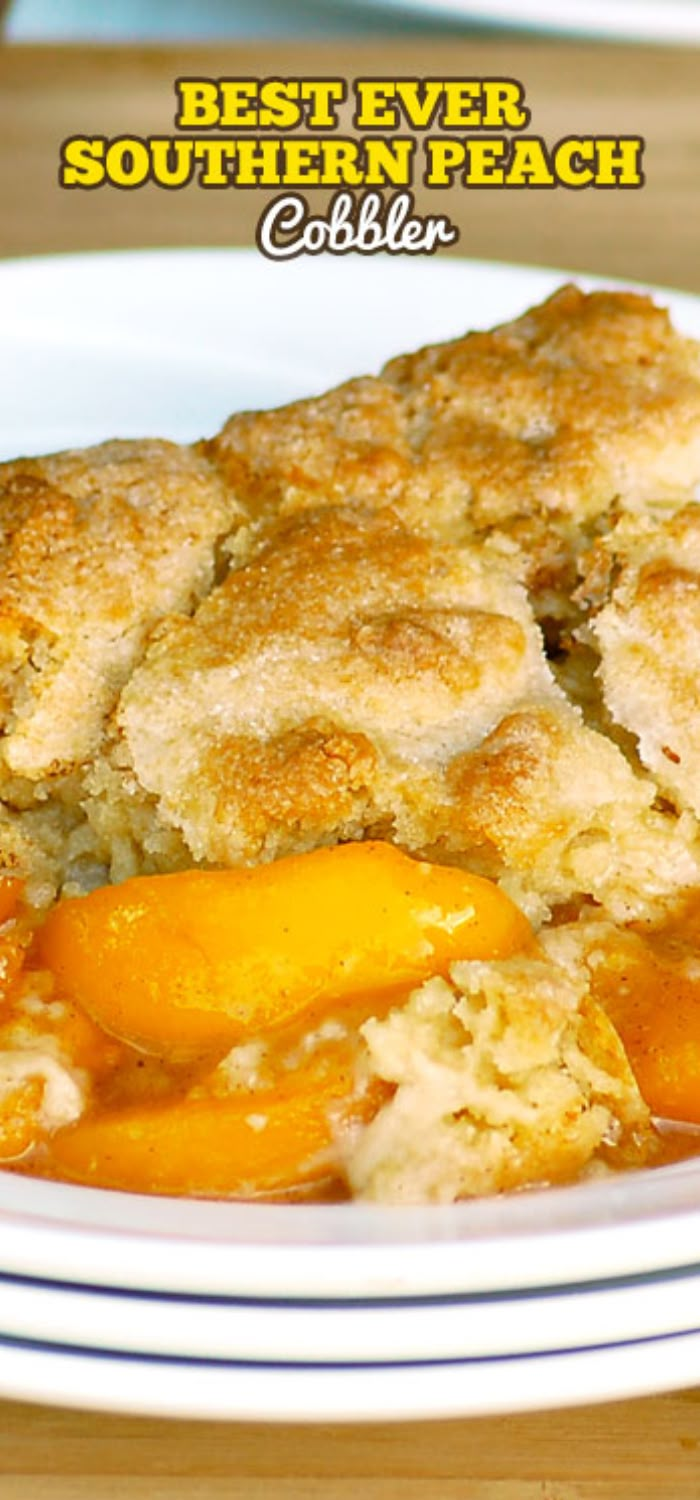 a close up of a plate of food on a table with the words best ever southern peach cobbler