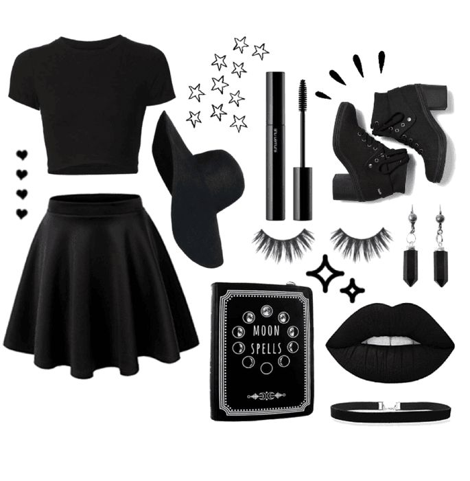 a woman's black outfit and accessories including shoes, lipstick, eyeliners, makeup