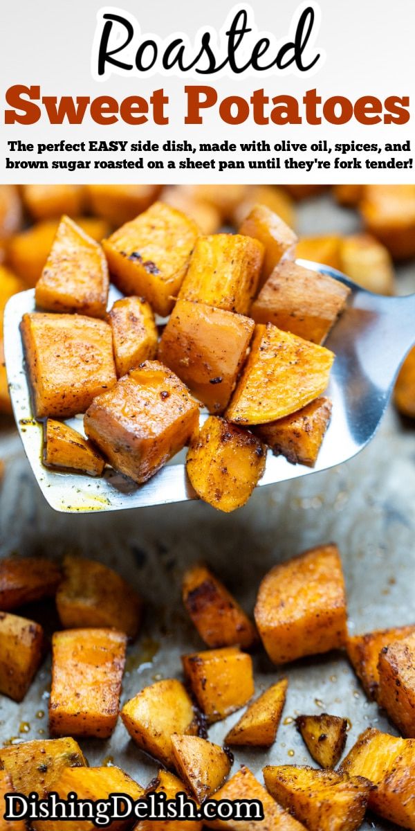 roasted sweet potatoes on a spoon with text overlay