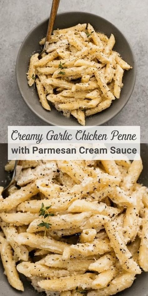 creamy garlic chicken penne with parmesan cream sauce in a bowl and on a plate