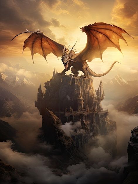 a dragon sitting on top of a castle in the sky