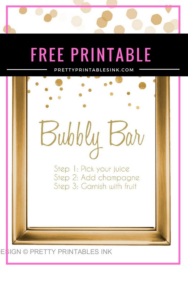 the free printable bubbly bar sign with gold confetti and pink border