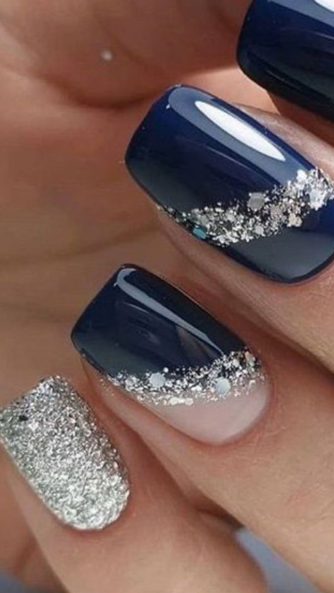 Navy And Silver Nails, Blue Wedding Nails, Dresses Ankara, Blue And Silver Nails, Silver Nail Designs, Navy Blue Nails, Fall Acrylic Nails, Blue Nail Designs, Bride Nails