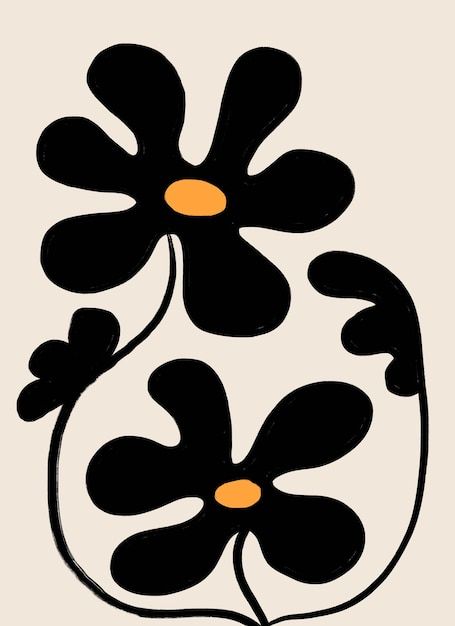 a black and white flower with orange centers on it's petals is shown in the shape of a vase