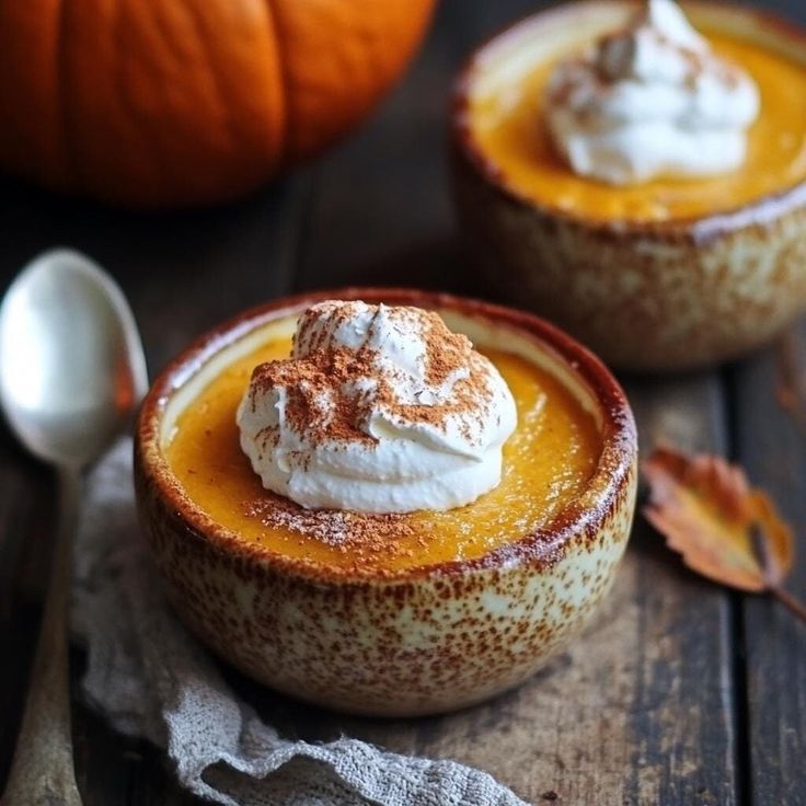 two small bowls filled with dessert sitting on top of a wooden table next to an orange pumpkin