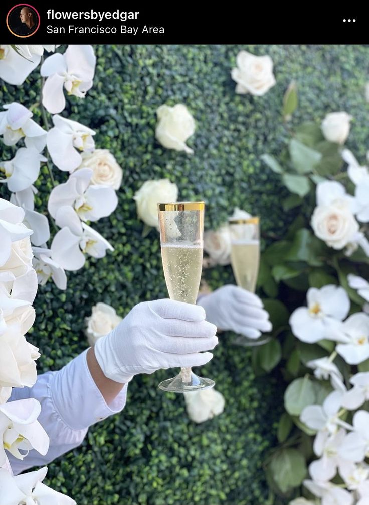 a person in white gloves holding a wine glass with flowers on the wall behind them