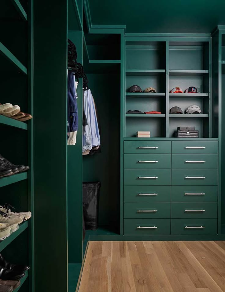 a closet with green walls and wooden flooring, shoes are on the bottom shelf