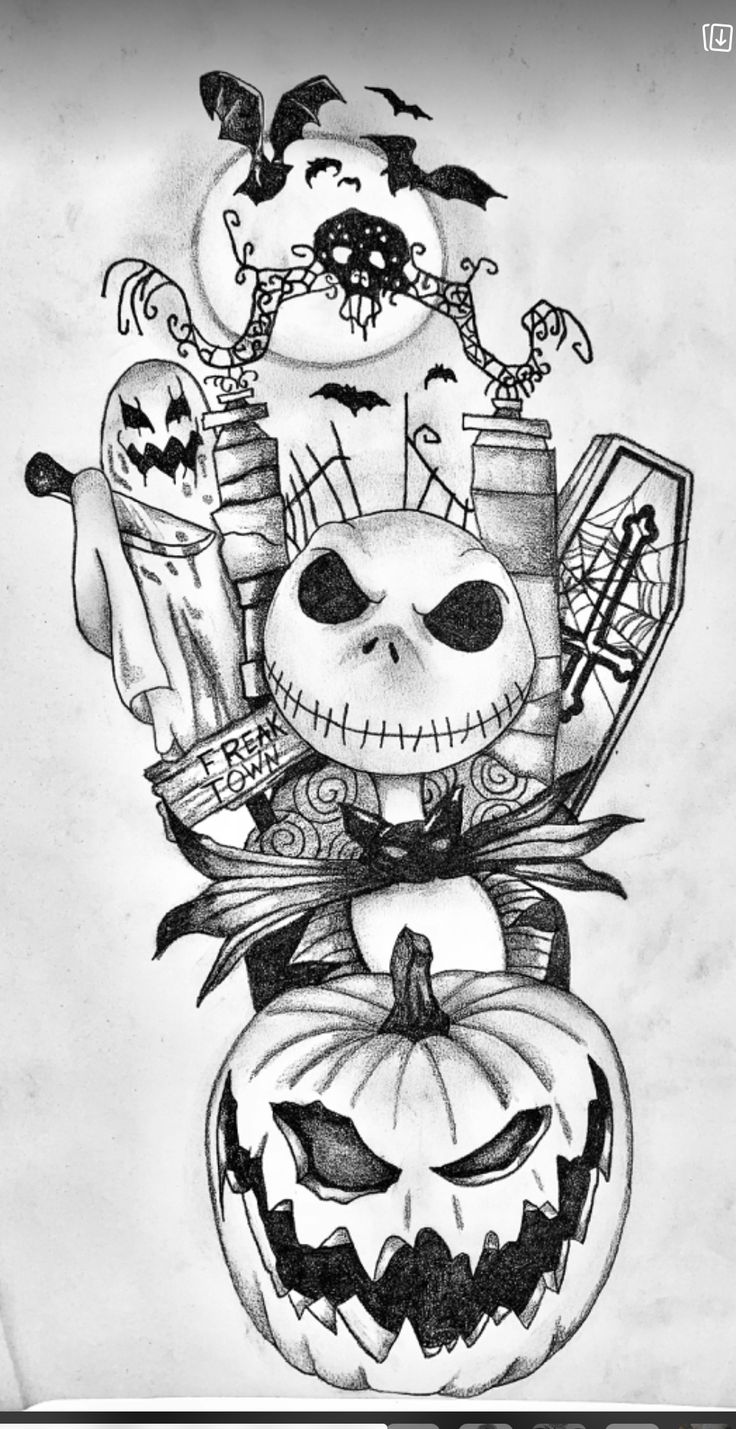 a black and white drawing of a jack - o'- lantern with pumpkins