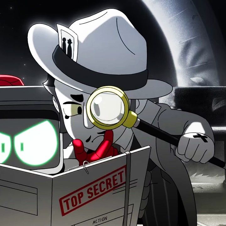 a cartoon character looking through a magnifying glass in front of a top secret box