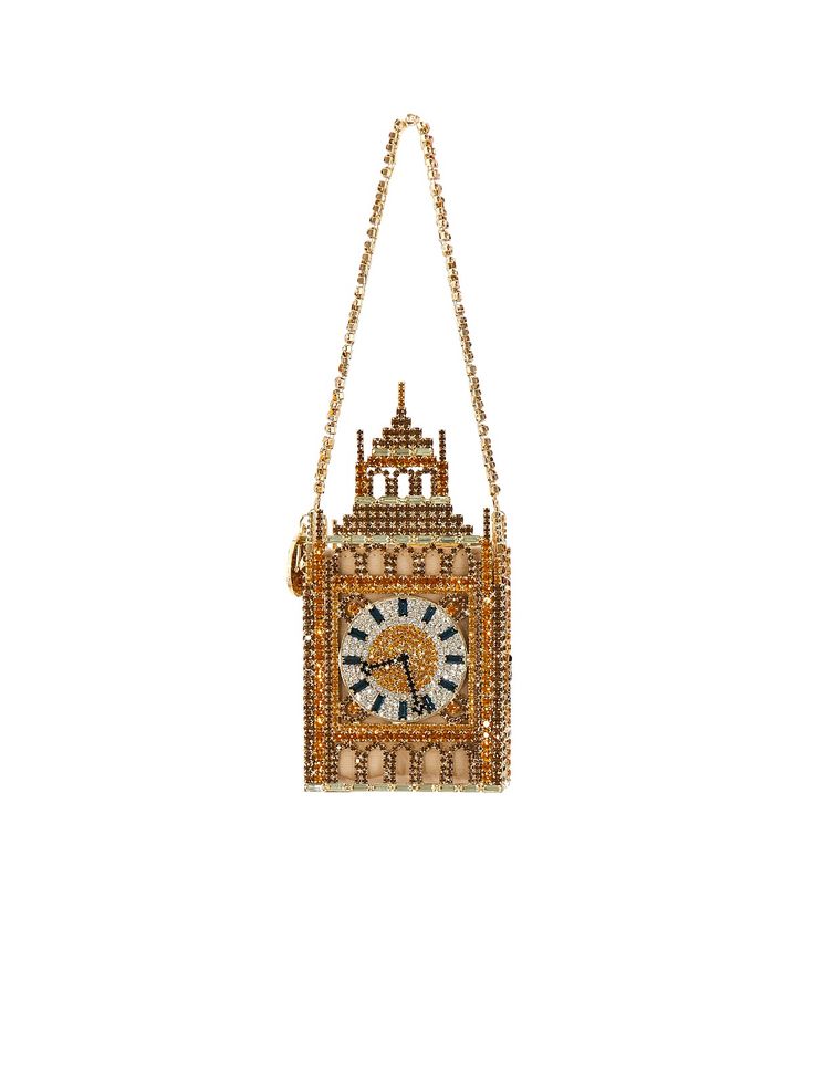 Gold · Crystals · Big Ben crystal-embellished mini bag from ROSANTICA featuring crystal embellishment, logo charm, top drawstring fastening, single top handle and main compartment.This bag mimics the ornate build of London’s Big Ben, encrusted with over 3000 crystals that trace the tower, clockface and Gothic stonework. As for the interior, you’ll find a drawstring pouch – perfect for storing the valuables you simply can’t be without. Glass Painting Patterns, Unique Purses, Paris London, Handbag Heaven, Clock Tower, Crystal Embellishment, Close To My Heart, Cuckoo Clock, Favorite City