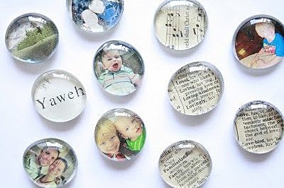 six glass magnets with different pictures on them