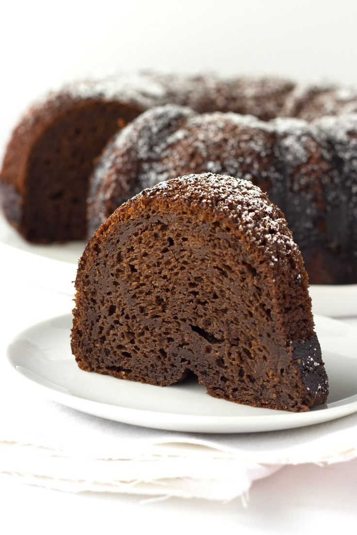 a chocolate bundt cake on a white plate