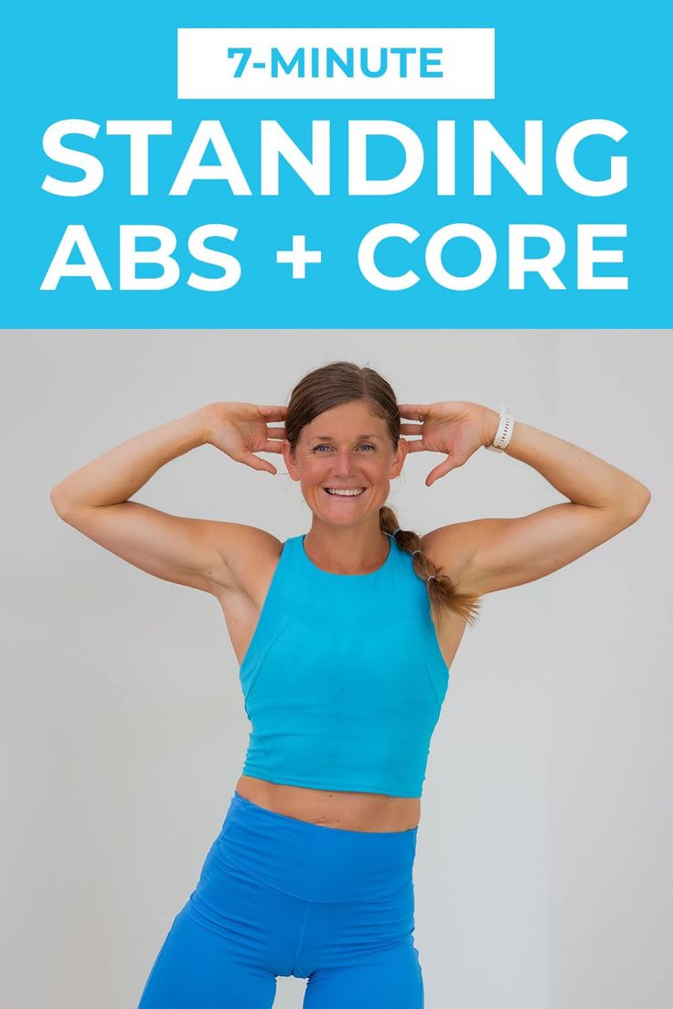 a woman with her hands behind her head and the words, 7 - minute standing abs + core