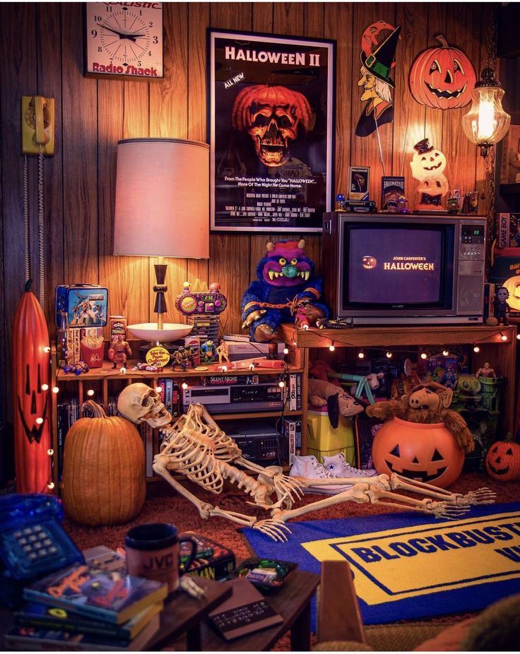 a living room filled with lots of halloween decorations