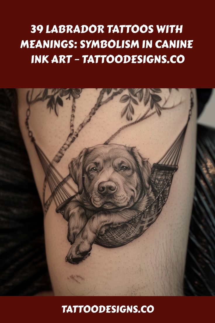 Detailed black and gray tattoo of a Labrador retriever resting in a hammock on a person's arm. Labrador Tattoos, Labrador Tattoo, Canine Companions, The Angel, Ink Art, How To Be Outgoing, Angel Wings, Labrador Retriever, Labrador