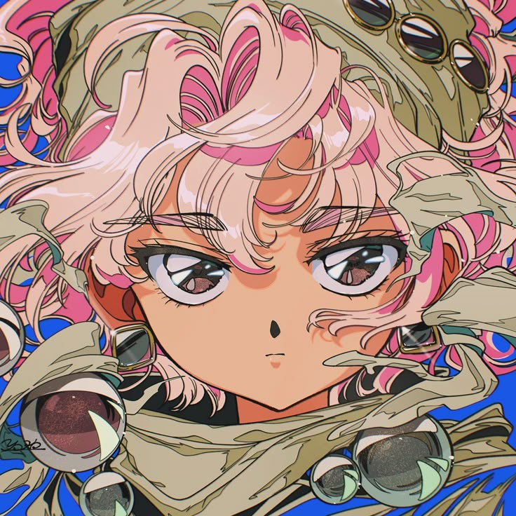 an anime character with pink hair and big eyes