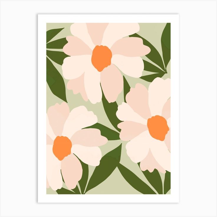 pink flowers with green leaves on a light green background art print by pretty little things