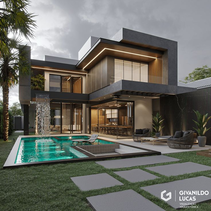 a modern house with a swimming pool in the front yard