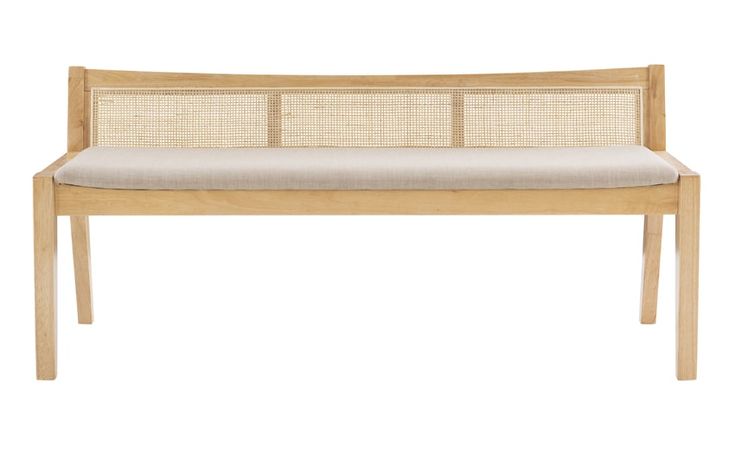 a wooden bench with a cushion on it's seat and back rest in front of a white background