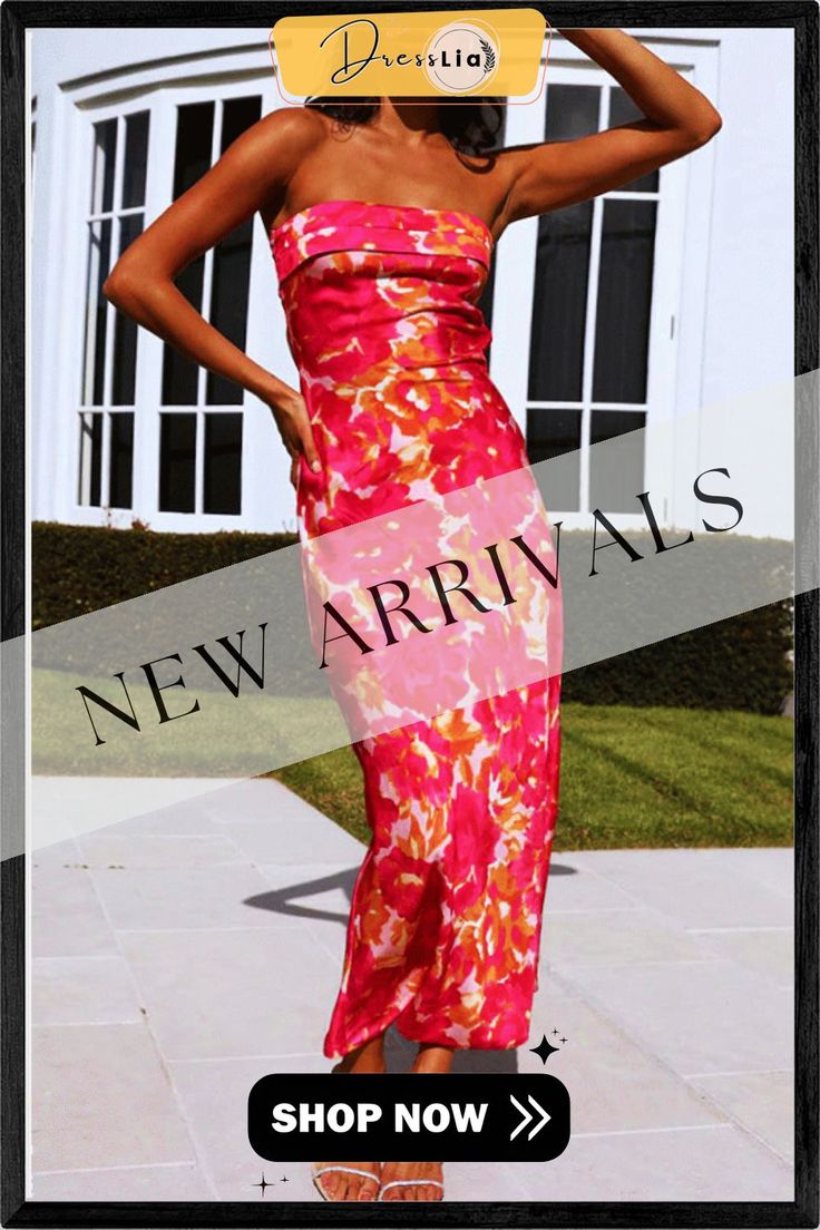 Floral Strapless Backless Midi Dress Spring Halter Neck Maxi Dress For Parties, Spring Party Halter Neck Maxi Dress, Spring Party Maxi Dress With Halter Neck, Backless Strapless Dress For Summer Prom, Glamorous Spring Strapless Midi Dress, Glamorous Midi Strapless Dress For Spring, Spring Floral Print Strapless Prom Dress, Red Strapless Backless Dress For Spring, Spring Party Strapless Maxi Dress