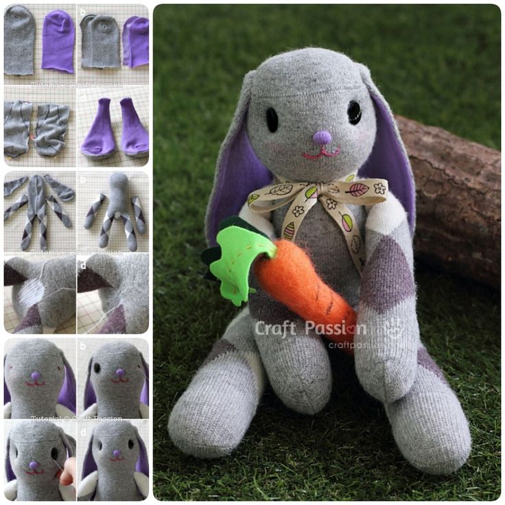 the stuffed rabbit is holding a carrot in its hand and it's made out of socks