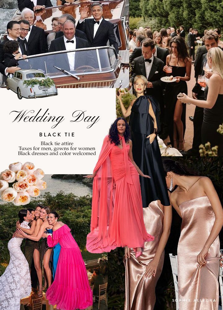 a collage of photos with people in formal wear, including women and men wearing tuxedos